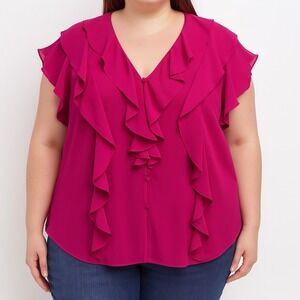 Lauren Ralph Lauren Ruffle‎ Blouse Womens 2X Pink Fuchsia Plus Size Romantic